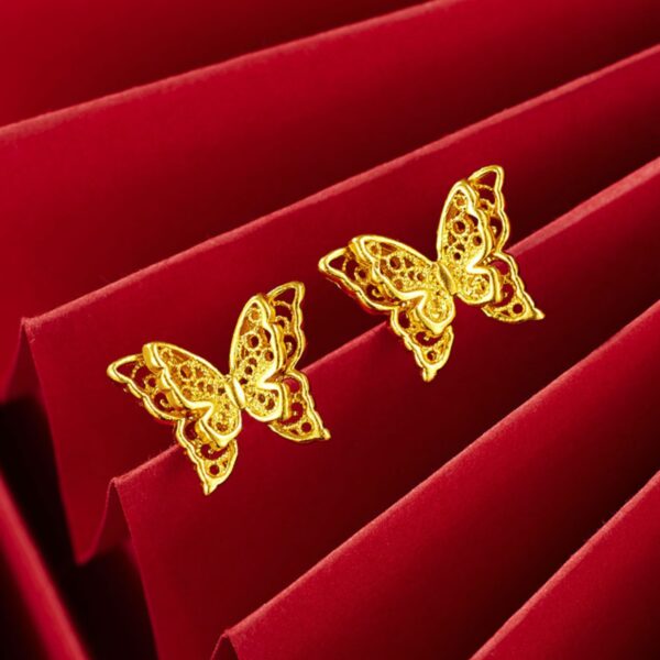 Element Gold-Finish Fashion Jewelry - Lace Butterfly Studs in Imitation Gold with Double Layer Sculpted Openwork Flower Silk Good Luck Butterfly Earrings with Ear Plugs